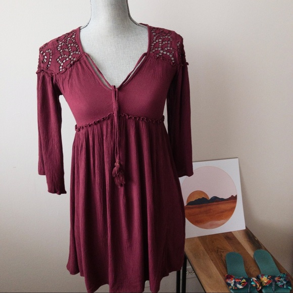 American Eagle Burgundy Eyelet Boho Dress, XXS - Picture 1 of 4